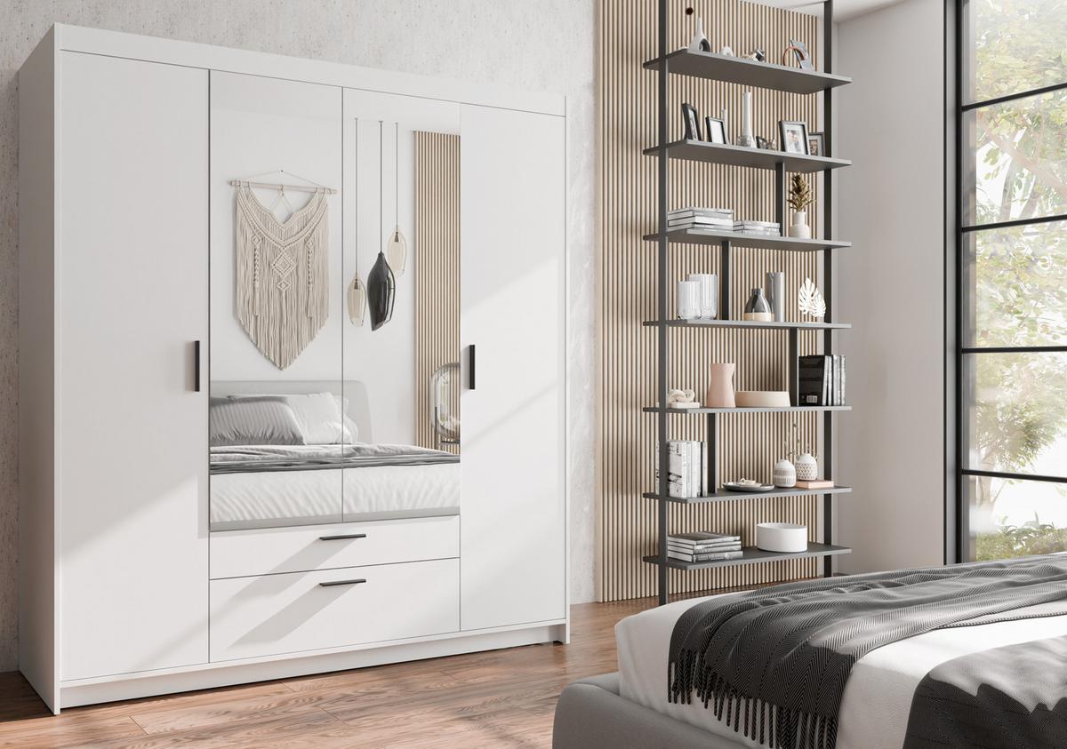 KLEIDERSCHRANK Storicos Weiß 176,3/190,5/53 cm - 4T2S Modern mit Schubladen und Spiegel - Weiß, Holzwerkstoff/Kunststoff (176.4/190.6/53cm) - AX Living