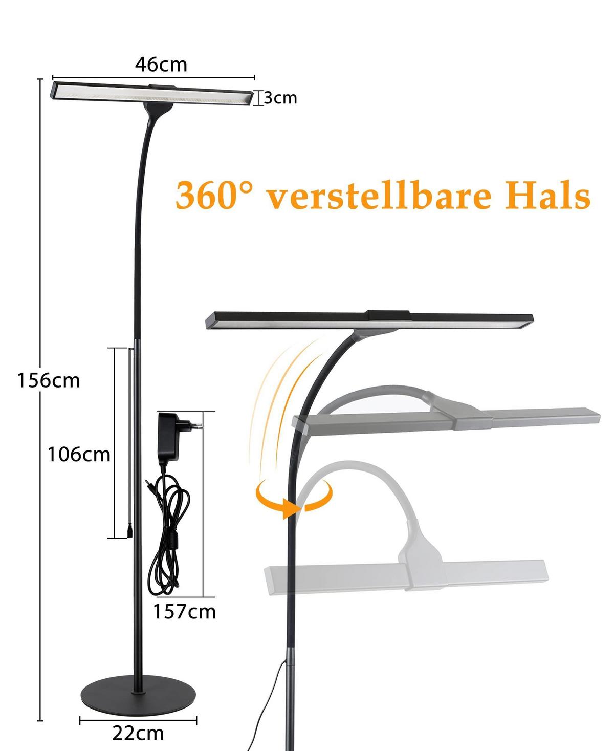 STEHLAMPE Leuchtmar 26.0/22.0/156.0 cm - Schwarz, Metall (156/26/22cm) - ZMH
