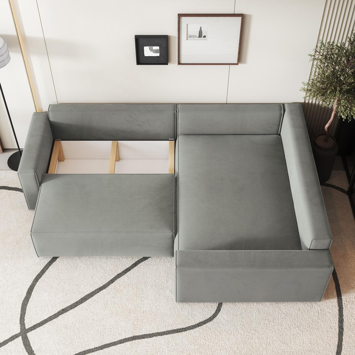 ECKSOFA ERONIS R-S Hellgrau Velours-Stoff mit Schlaffunktion - Hellgrau, Holz (265/194cm) - MASSENO