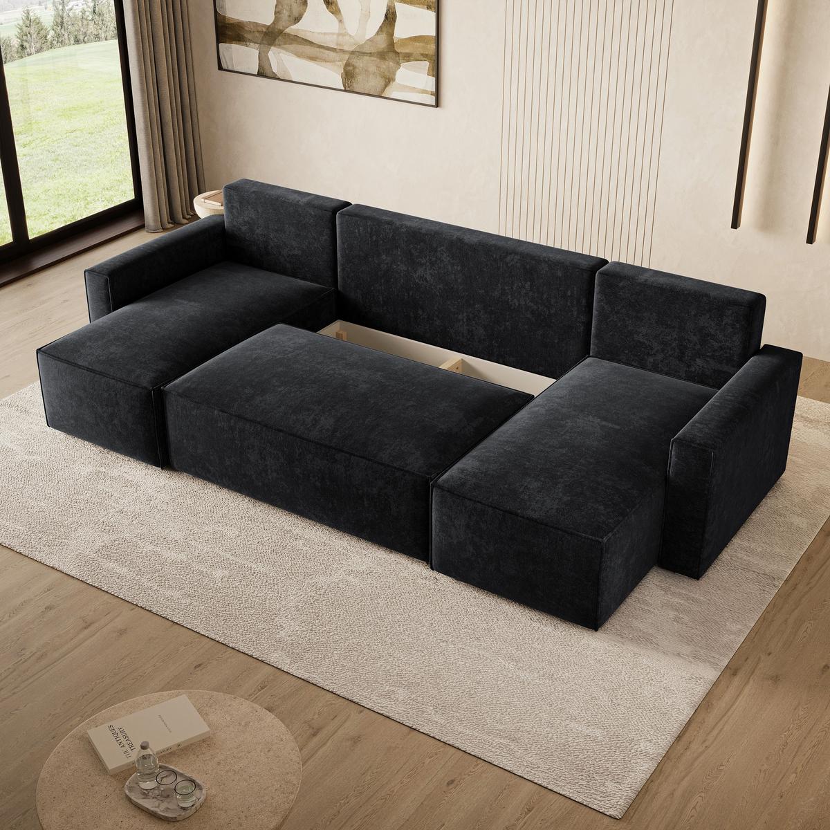 WOHNLANDSCHAFT ASPRA LM Schwarz Chenille mit Schlaffunktion - Schwarz, Holz (295/85/140cm) - MASSENO