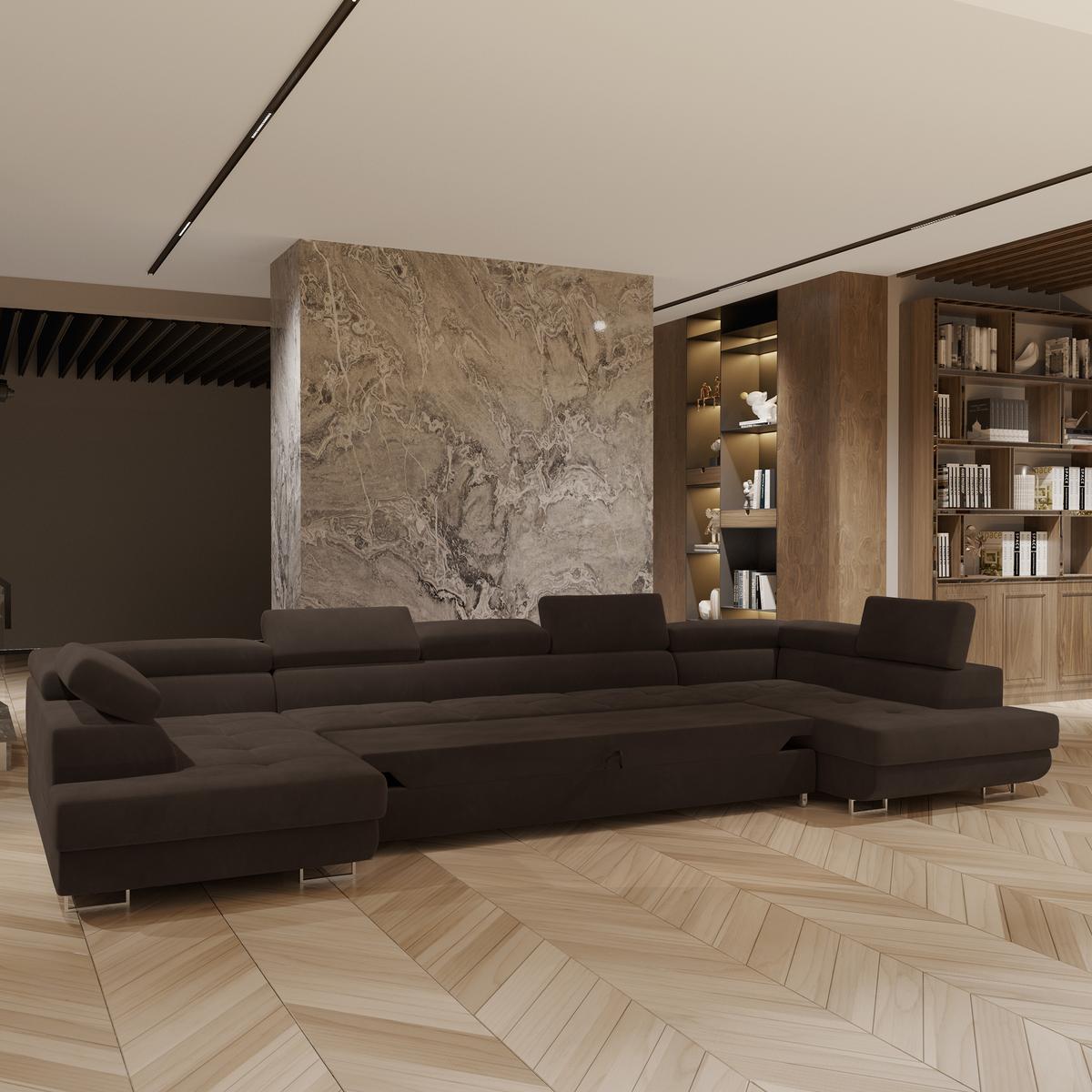 WOHNLANDSCHAFT ISOLANO Braun Velours-Stoff mit Schlaffunktion - Braun, Holz (408/90/202cm) - MASSENO