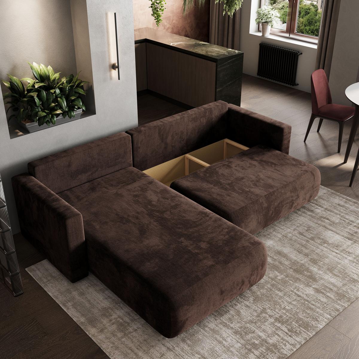 ECKSOFA TURIN M Braun Velours-Stoff mit Schlaffunktion - Braun/Grau, Holz/Kunststoff (265/183cm) - MASSENO