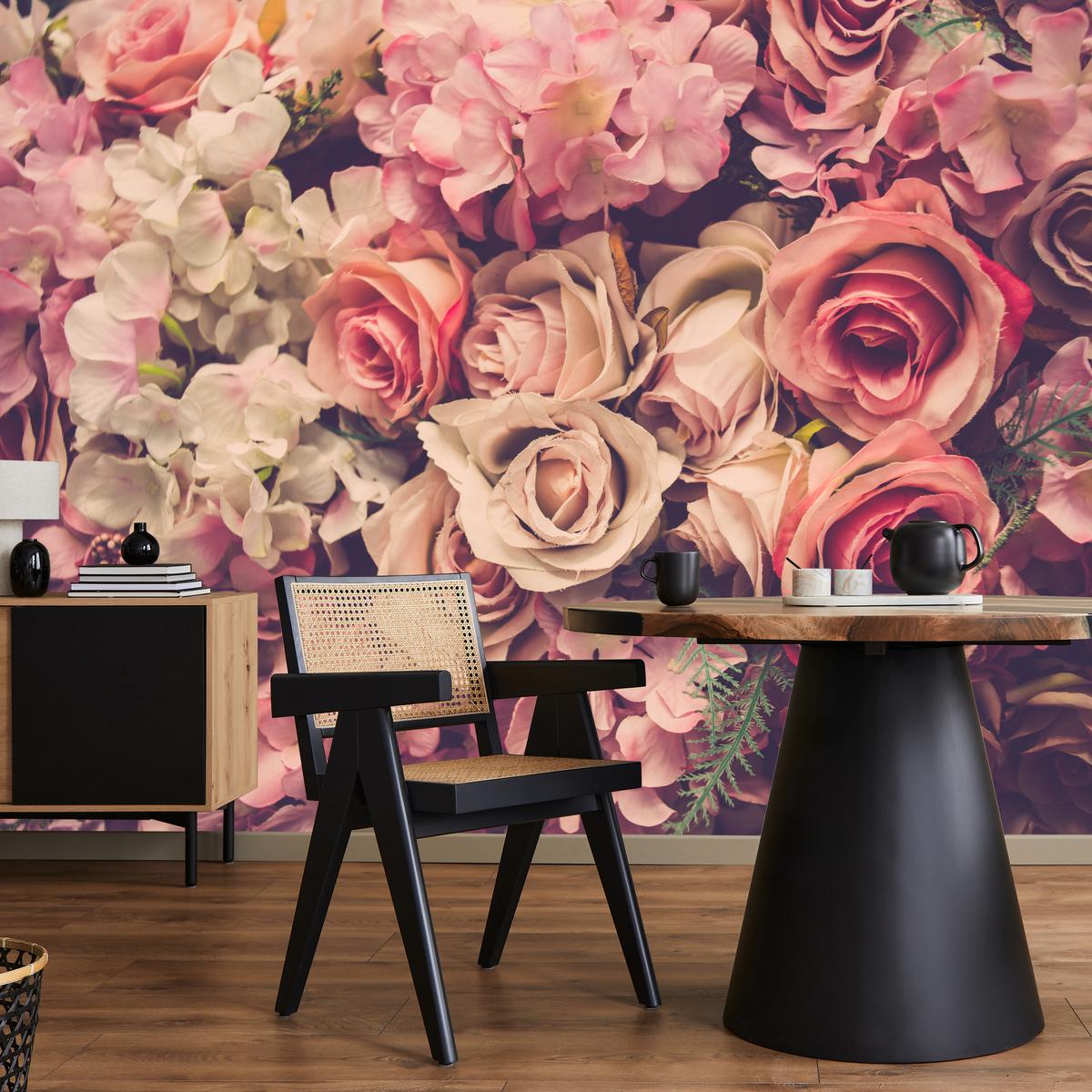 FOTOTAPETE für Schlafzimmer Pinke Rosen Boho Blumen 350x256 - Beige/Violett, Papier (350/256cm) - Muralo