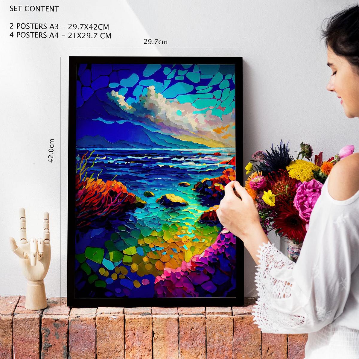 POSTER Set Mit 6 Berge Im Ölgemälde Stil A3 & A4 Weißer Rahmen - Weiß, Papier (29/3cm) - Nacnic