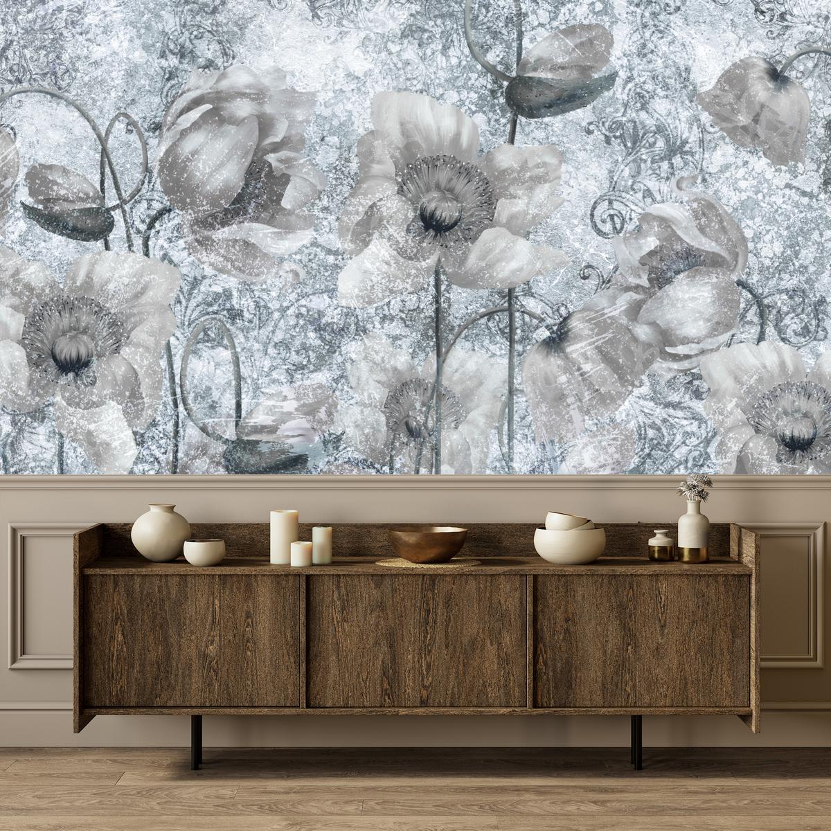 FOTOTAPETE für Wohnzimmer Grau Mohnblumen Beton Blumen Blätter 250x175 - Grau, Papier (250/175cm) - Muralo