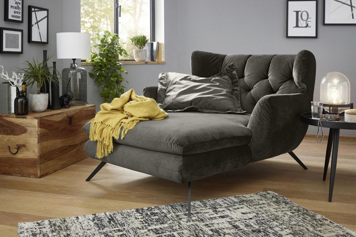 LONGSEAT CHAMRE Steingrau Velvet - Schwarz/Grau, Textil/Metall (130/95/160cm) - KAWOLA