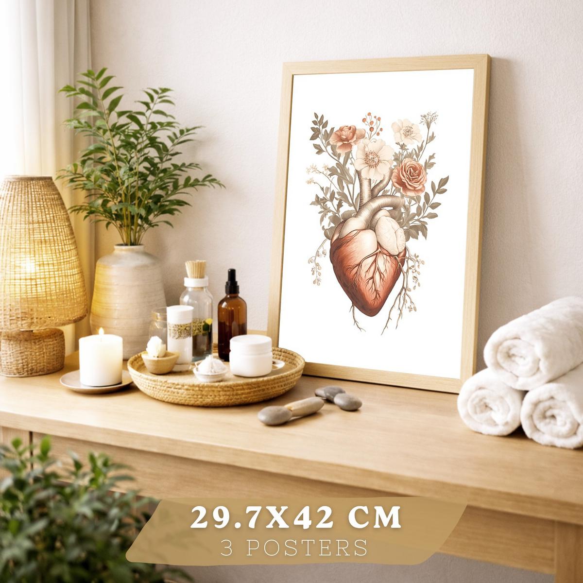 POSTER Set aus 6 Anatomie Mensch Florale Aquarell Drucke und mit Gehirn Lungen Skelett Nieren und Organen Botanische Größe Leichter Holzrahmen A3 & A4 - Beige, Papier (21/29.7/3cm) - Nacnic