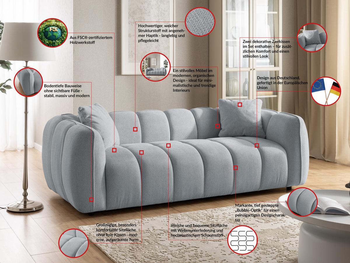 SITZGARNITUR 3+1 Nubira in tief gesteppter Bubble-Optik aus weichem Grau Strukturstoff im modernen Design - Schwarz/Grau, Holz/Kunststoff (228/69/89cm) - S-Style Möbel