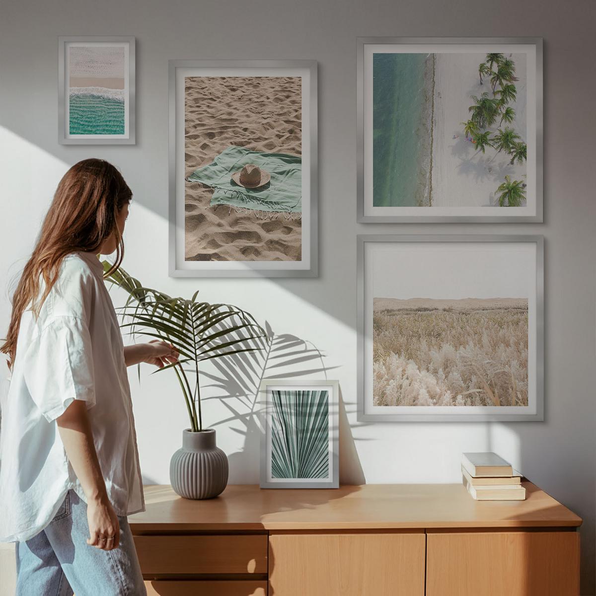 BILDER SET 5er Set - 50x50 cm & 20x30 cm & 40x60 cm Silberner Rahmen - Urlaubsblick Strand Meer - Silberfarben, Kunststoff (40/60cm) - TULUP