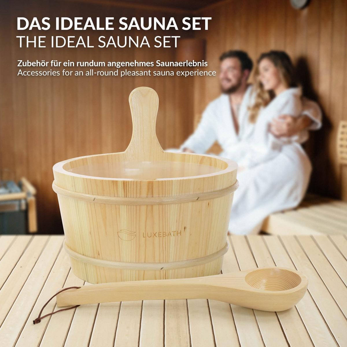 SAUNAZUBEHÖR-SET aus Kiefernholz mit Aufgusskübel und Schöpfkelle - Naturfarben, Holz (27/26/27cm) - LuxeBath