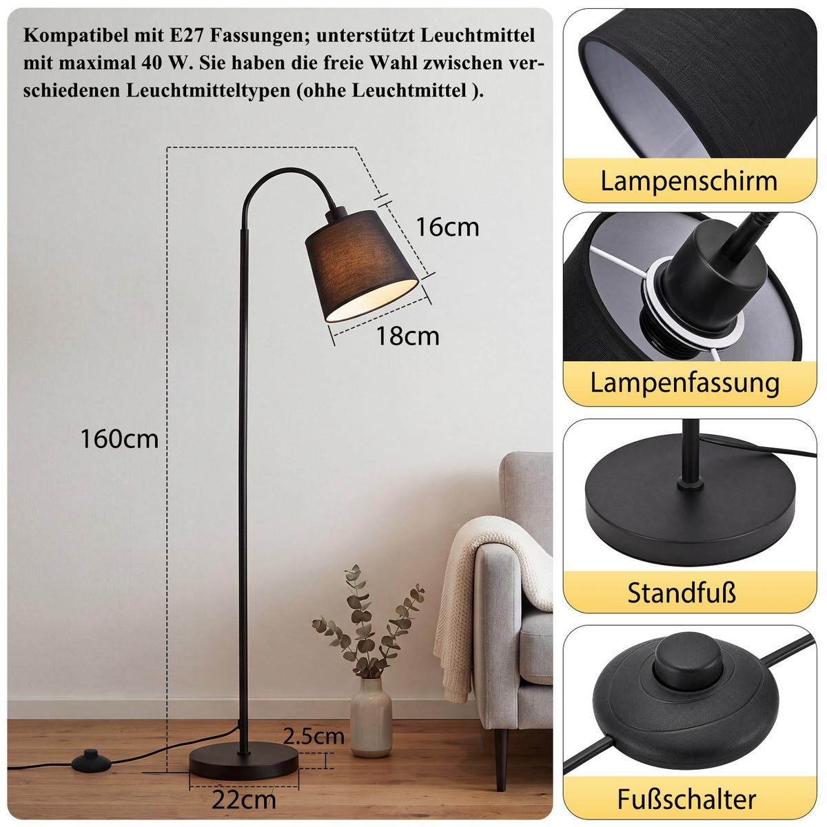 STEHLAMPE Lyvith 18/16/160 cm - Schwarz, Textil/Metall (18/16/160cm) - ZMH