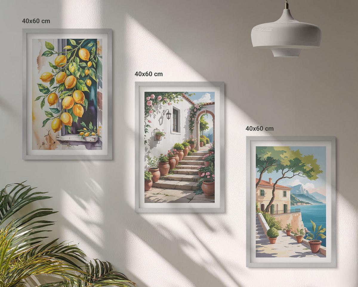BILDER SET 3er Set - 40x60 cm Silberner Rahmen - Zitronen, Blumen, Meerblick - Silberfarben, Kunststoff (40/60cm) - TULUP