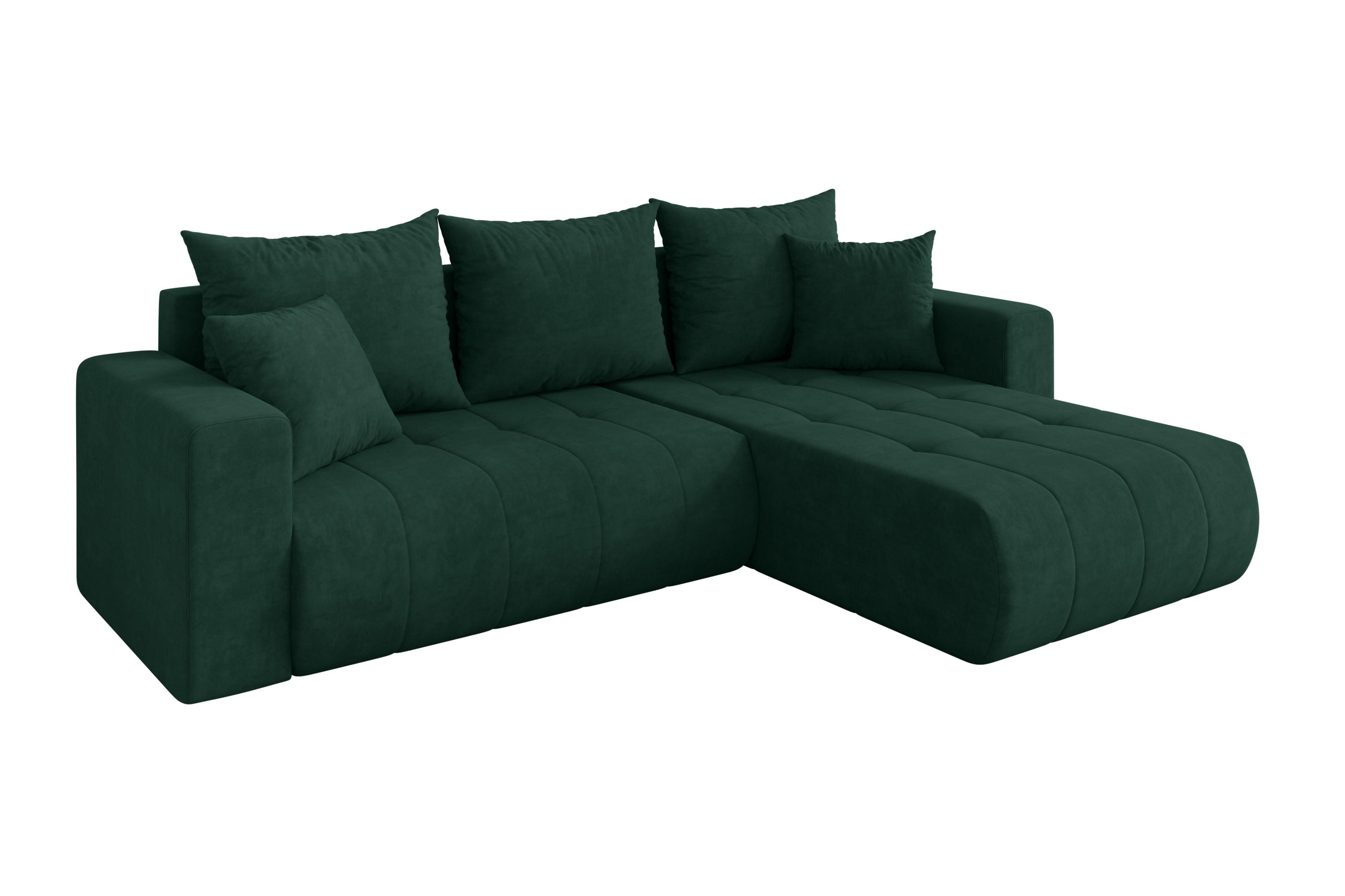 ECKSOFA mit Schlaffunktion Ottomane Rechts MILA-L 277x194x86 Grün Velours - Schwarz/Grün, Holzwerkstoff/Kunststoff (277/194cm) - ALTDECOR
