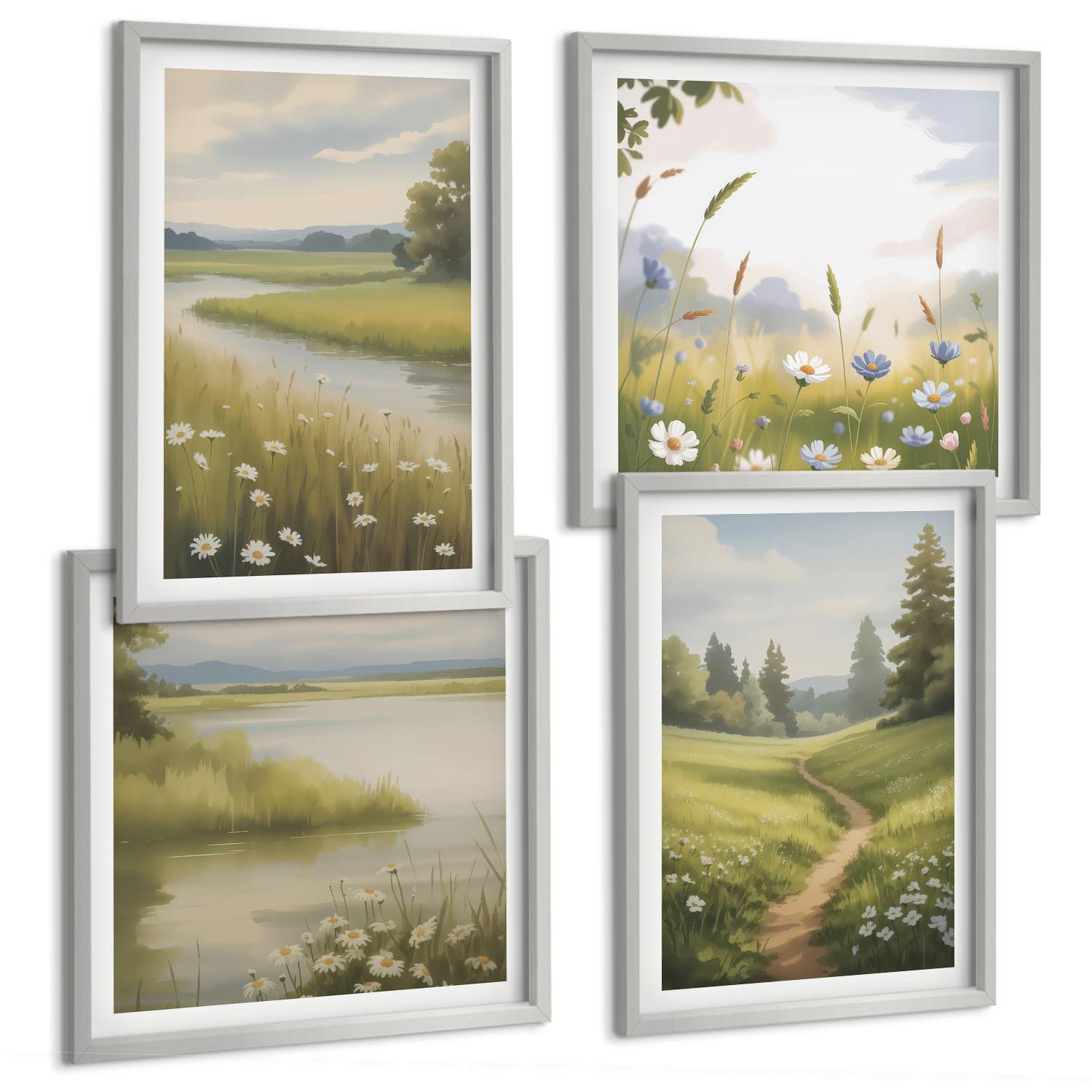BILDER SET 4er Set - 50x50 cm & 40x60 cm Silberner Rahmen - Frühlingslandschaft Flusswiese - Silberfarben, Kunststoff (50/50cm) - TULUP
