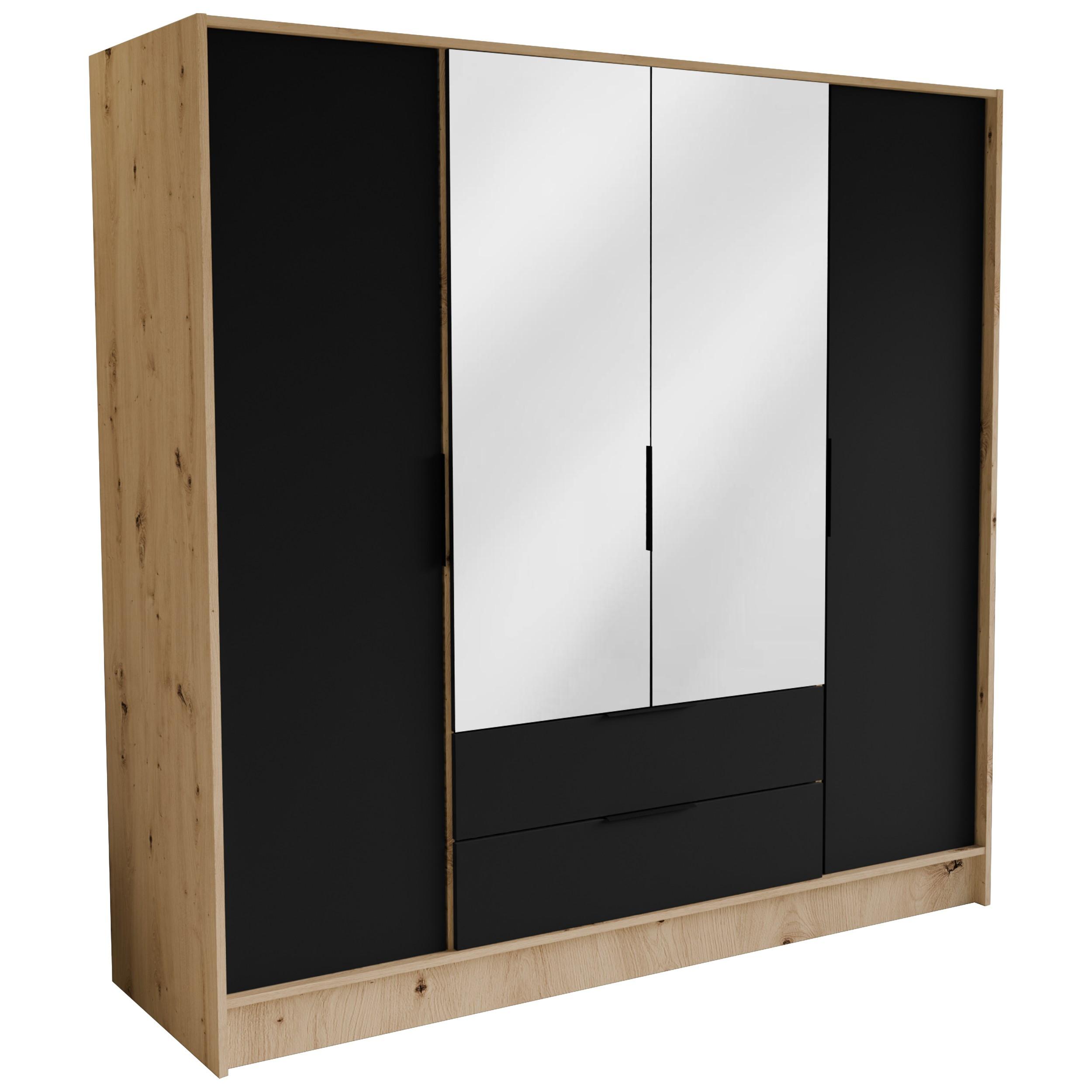 DREHTÜRENSCHRANK CAVA 200/200/51 cm Modern Kleiderschrank 4-türig mit Spiegel Eiche Artisan - Schwarz/Eiche Artisan, Holzwerkstoff (200/200/51cm) - MASSENO