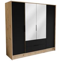 DREHTÜRENSCHRANK CAVA 200/200/51 cm Modern Kleiderschrank 4-türig mit Spiegel Eiche Artisan - Schwarz/Eiche Artisan, Holzwerkstoff (200/200/51cm) - MASSENO