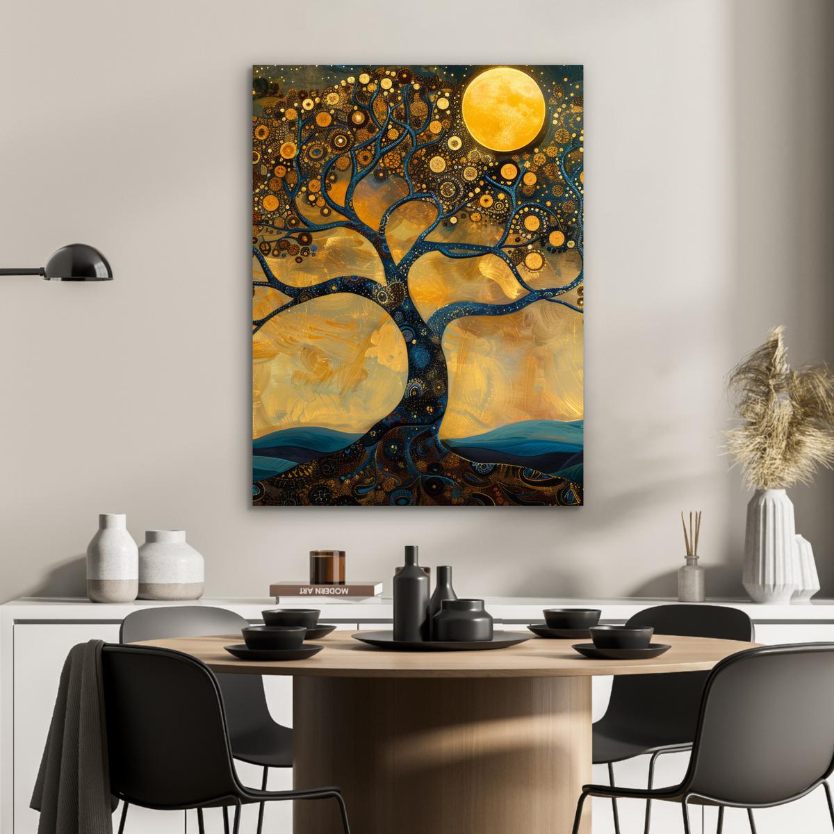 METALLBILD Baum - Mond - Blumen - Gold - Kunst 60x80 cm - Orange, Metall (60/80cm) - MuchoWow