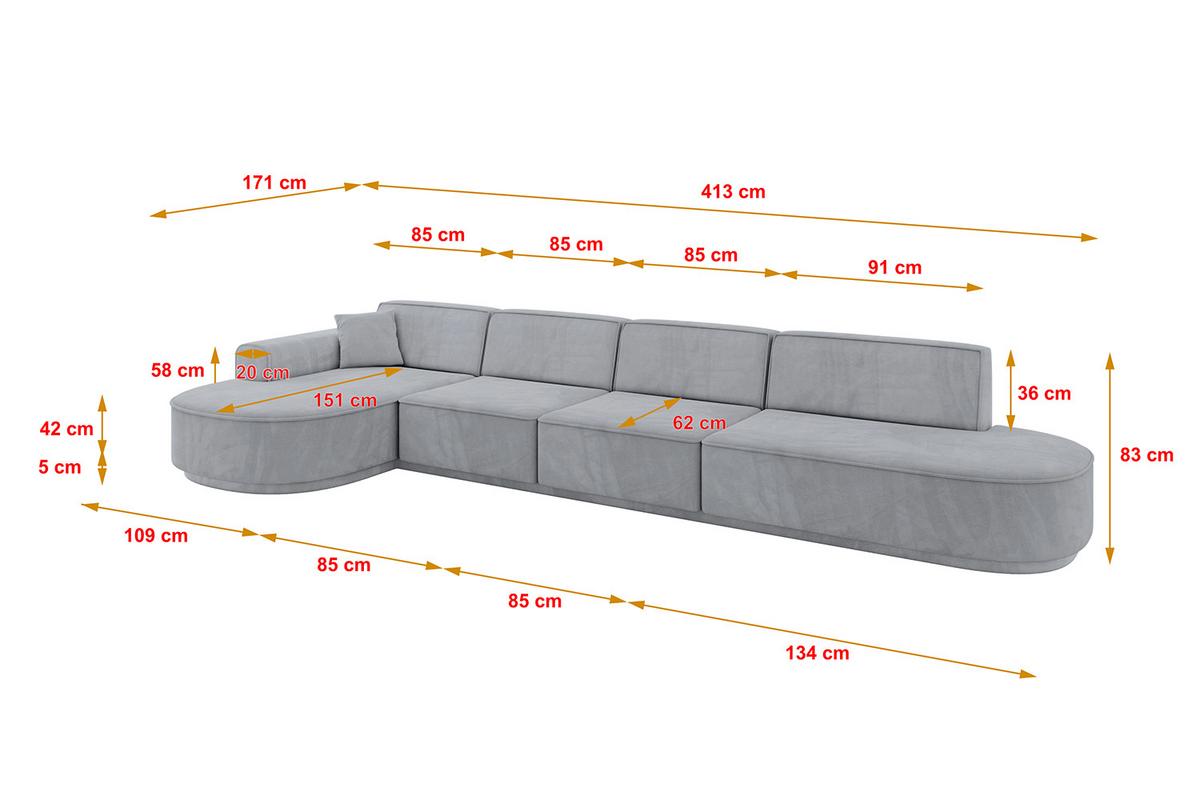 ECKSOFA Ottomane Links MARI-L3-v3 - 413x171x83 cm Grau Velours - Schwarz/Grau, Holzwerkstoff/Kunststoff (413/171cm) - ALTDECOR
