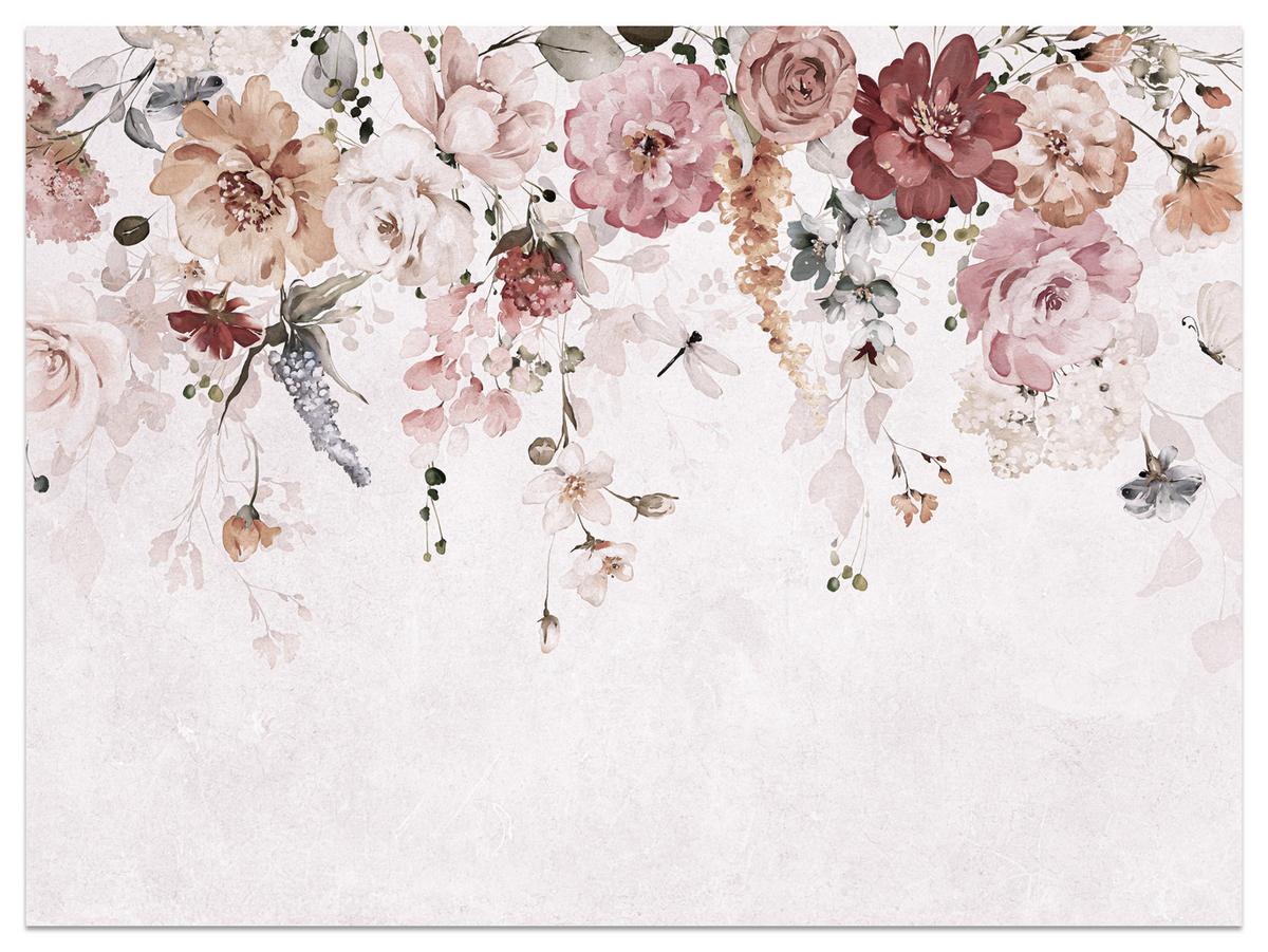 FOTOTAPETE für Schlafzimmer Aquarell Bunte Blumen Ranken Blätter 450x315 - Rot/Rosa, Papier (450/315cm) - Muralo