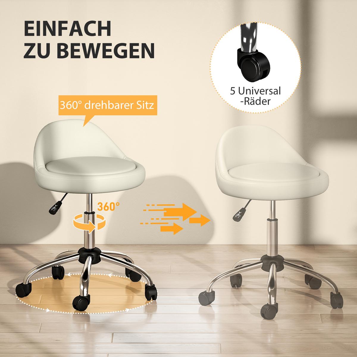 ROLLHOCKER Höhenverstellbarer Arbeitshocker 63-83 cm Drehhocker mit Rädern - Weiß, Kunststoff (35/83/35cm) - HOMCOM