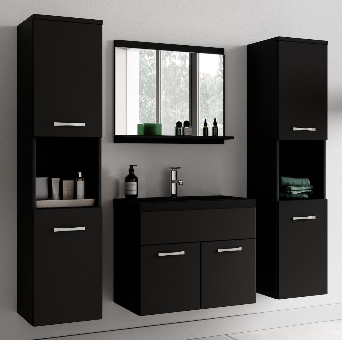 BADMÖBEL-SET Montreal 5 Teile Schwarz Matt - Schwarzes Waschbecken - 60 x 35 x 51 cm - Chromfarben/Schwarz, Holz/Metall (60/51/35cm) - Badplaats