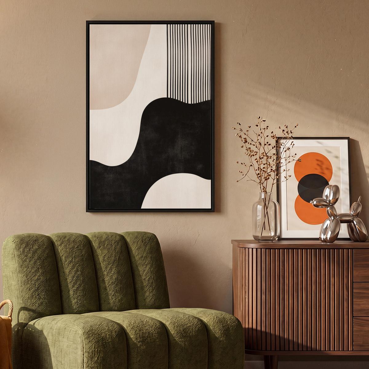LEINWAND Bilder mit Rahmen - Abstrakt - Japandi - Beige - Modern - 60x90 - Schwarz, Textil (60/90cm) - MuchoWow