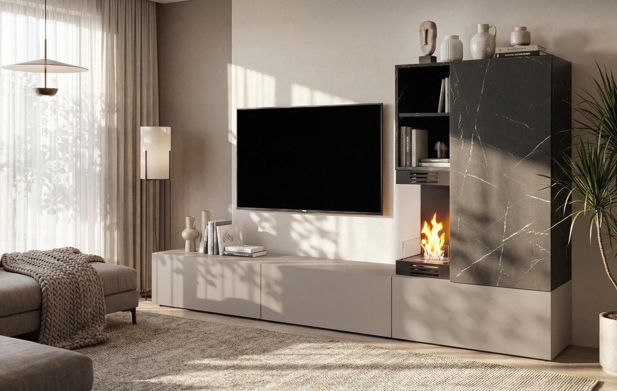 WOHNWAND Marmor schwarz, Lehm-Grau 270 cm, Schrankwand mit Ethanol Kamin, Push-to-Open - Schwarz/Grau, Holzwerkstoff (270/158/38cm) - Inn.Furn