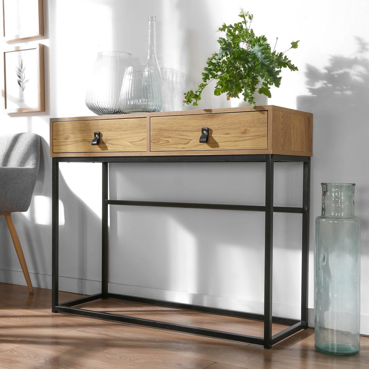 KONSOLE in Eichenoptik mit 2 Schubladen und Metallfüßen L100 cm - JILL - Eschefarben, Holzwerkstoff (36/35.3/80.5cm) - Calicosy
