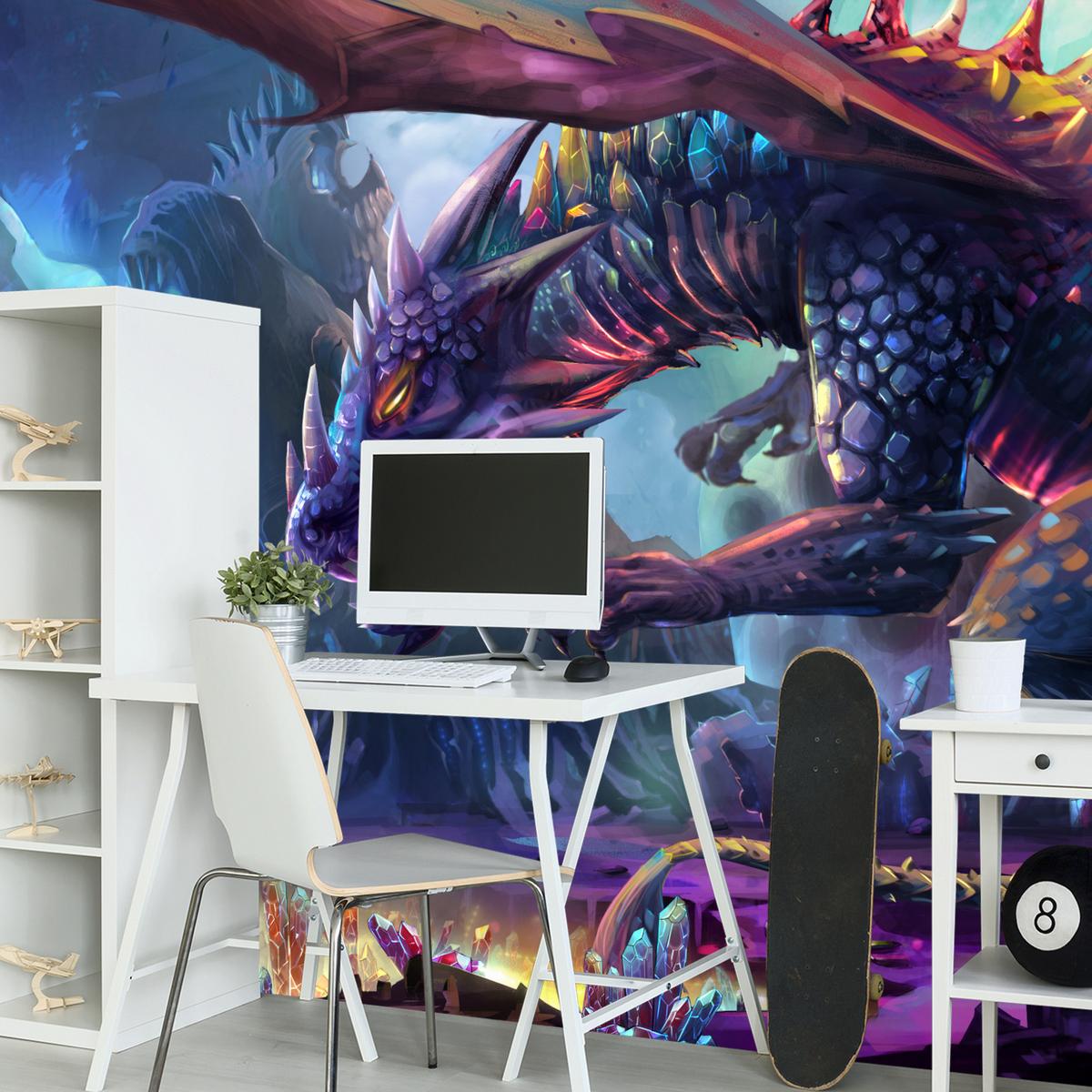 FOTOTAPETE für Jugendzimmer Fantastischer Drache Magische Welt Fantasy 350x256 - Türkis/Violett, Papier (350/256cm) - Muralo