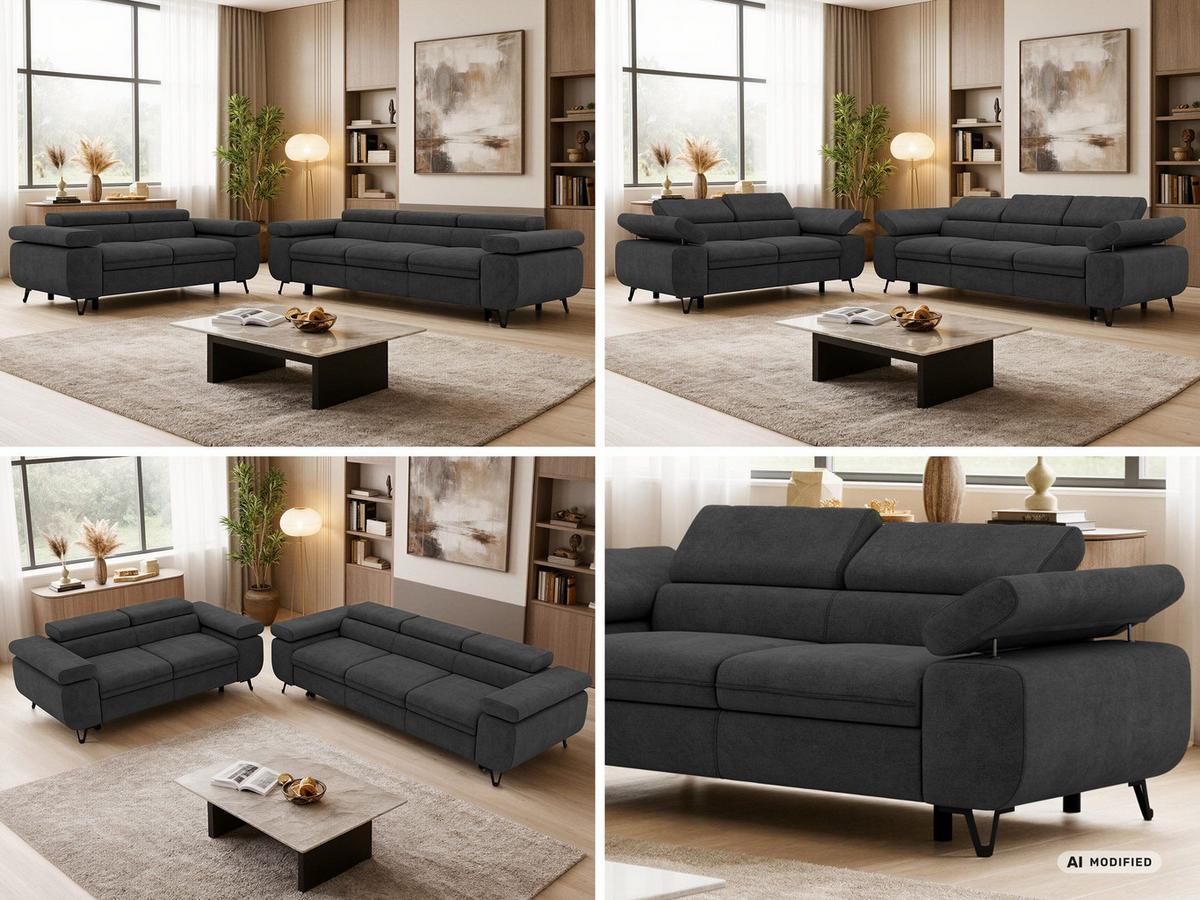 SITZGARNITUR PETERS 2+3 - Dunkelgrau Stukture - Dunkelgrau/Graphitfarben, Textil/Metall (262/76/99cm) - MKS