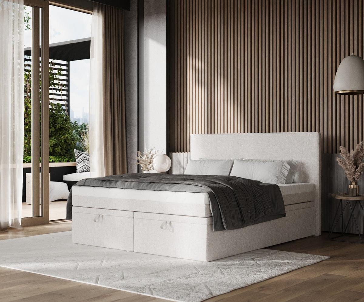BOXBETT Zalla 160/200 cm Hellbeige im Neve Stoff - Sandfarben/Schwarz, Holz/Holzwerkstoff (160/200cm) - AltaBeds