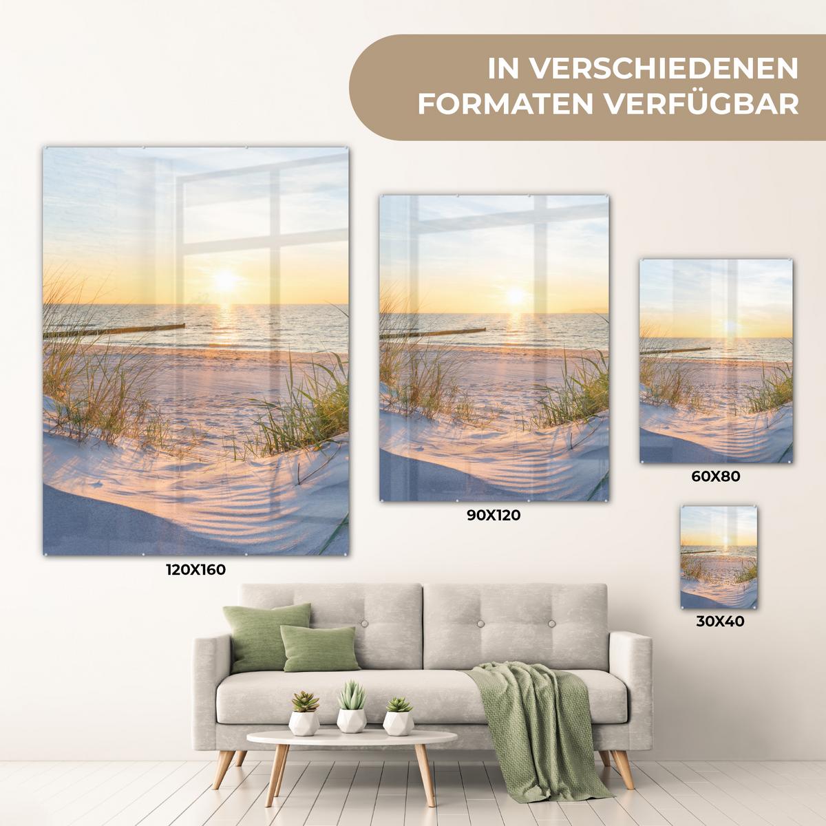 ACRYLGLASBILD Strand - Sonne - Düne - Gras - Sand - Horizont 60x80 cm - Hellblau, Glas (60/80cm) - MuchoWow