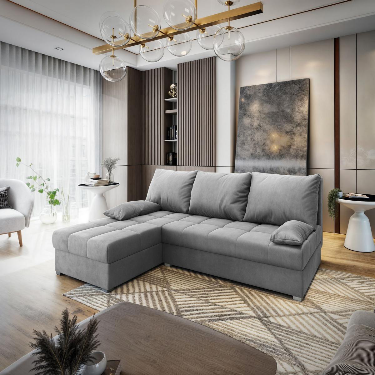 ECKSOFA RITA M Hellgrau Velours-Stoff mit Schlaffunktion - Hellgrau/Grau, Holz/Kunststoff (200/141cm) - MASSENO