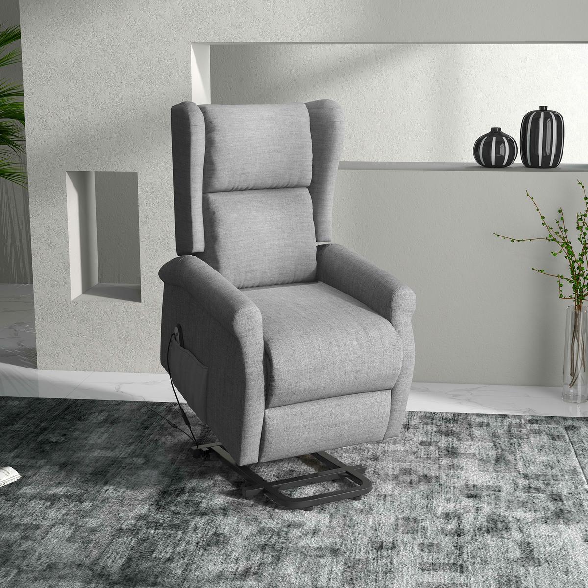 FERNSEHSESSEL mit Aufstehhilfe Leinen Grau - Schwarz/Grau, Holz/Textil (94/111/74cm) - HOMCOM