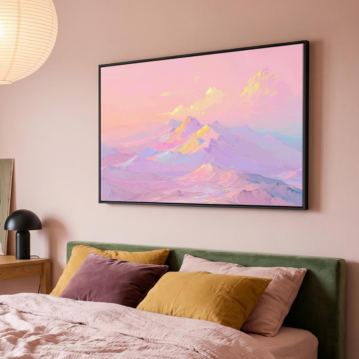 LEINWAND Bilder mit Rahmen - Berggipfel - Wolken - Verträumt - 120x80 - Hellrosa, Textil (120/80cm) - MuchoWow