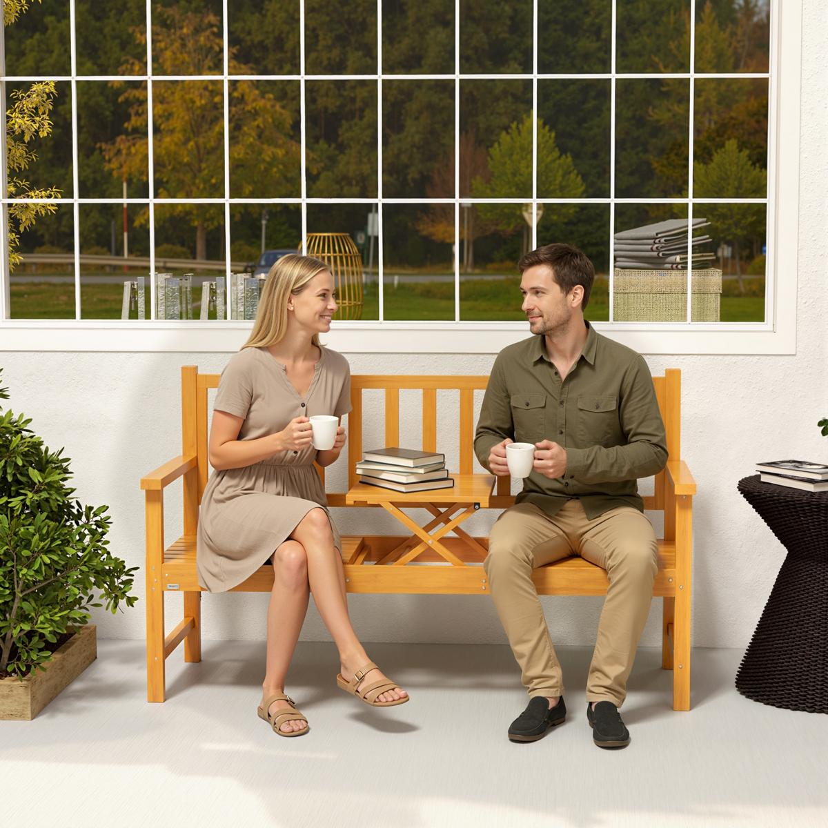 GARTENBANK 3-Sitzer, Sitzbank mit Tisch, Parkbank mit Armlehne Hellbraun - Braun, Holz (56/91/153cm) - Outsunny
