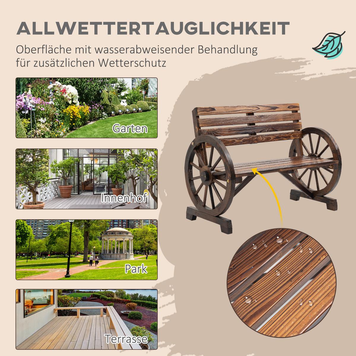 2ER-GARTENBANK Sitzbank Wagenrad-Design rustikale Holzbank für 2 Personen - Braun, Holz (56/79/105.5cm) - Outsunny