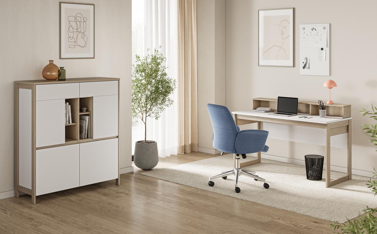 WOHNKOMBINATION weiß, Eiche, Set mit Highboard und Schreibtisch, Soft-Close, Finnes - Eichefarben/Weiß, Glas/Holzwerkstoff (246/125/60cm) - Furn.Design