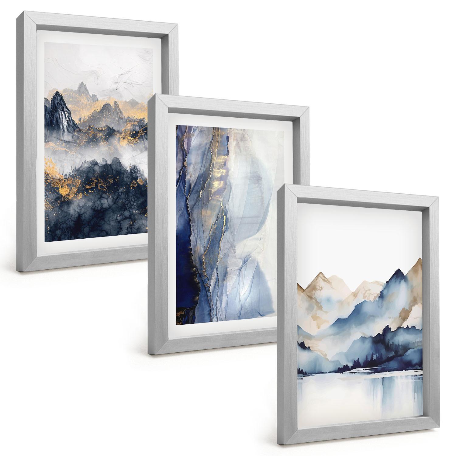 BILDER SET 3er Set - 20x30 cm Silberner Rahmen - Blaue und graue Berglandschaften - Silberfarben, Kunststoff (20/30cm) - TULUP