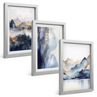 BILDER SET 3er Set - 20x30 cm Silberner Rahmen - Blaue und graue Berglandschaften - Silberfarben, Kunststoff (20/30cm) - TULUP