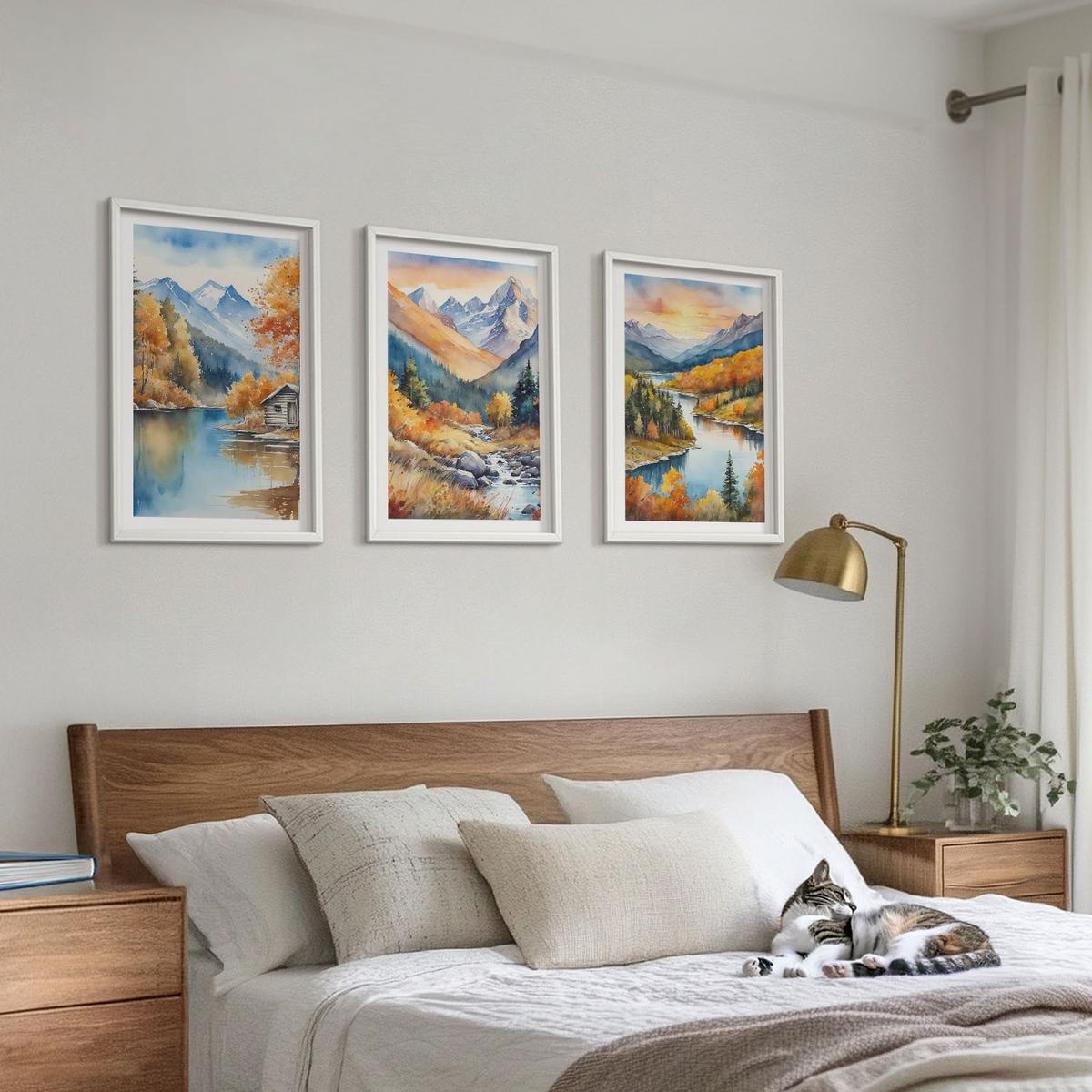BILDER SET 3er Set - 40x60 cm Weißer Rahmen - Berglandschaft, Fluss, Herbst - Weiß, Kunststoff (40/60cm) - TULUP