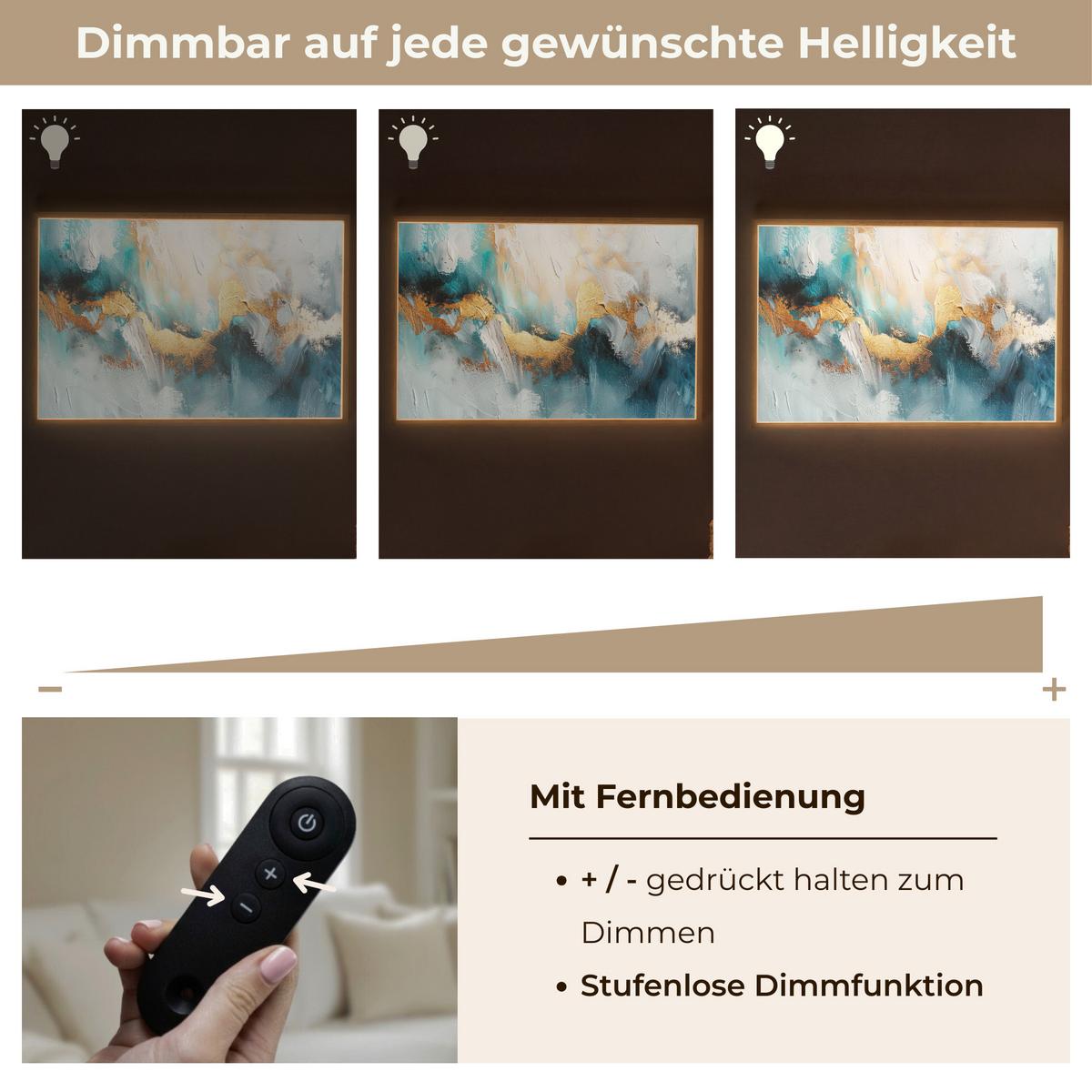 WANDLEUCHTE MIT AKKU Abstrakt - Kunst - Gold - Blau 100x70 cm - Türkis, Holzwerkstoff (100/70/8cm) - OnlyWow