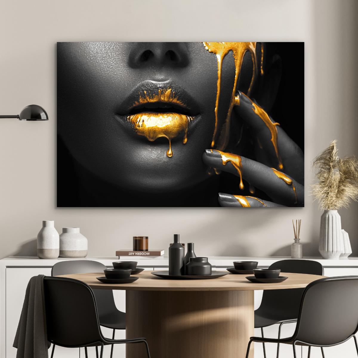 METALLBILD Frau - Schwarz - Gold - Gesicht - Lippen Deko Groß 120x80 cm - Goldfarben, Metall (120/80cm) - MuchoWow