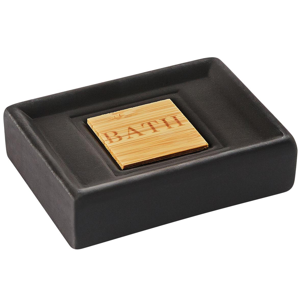 BADEZIMMER Set 4-teilig Keramik schwarz/heller Holzfarbton Kourou - Hellbraun/Schwarz, Stein (9/16/6cm) - Beliani