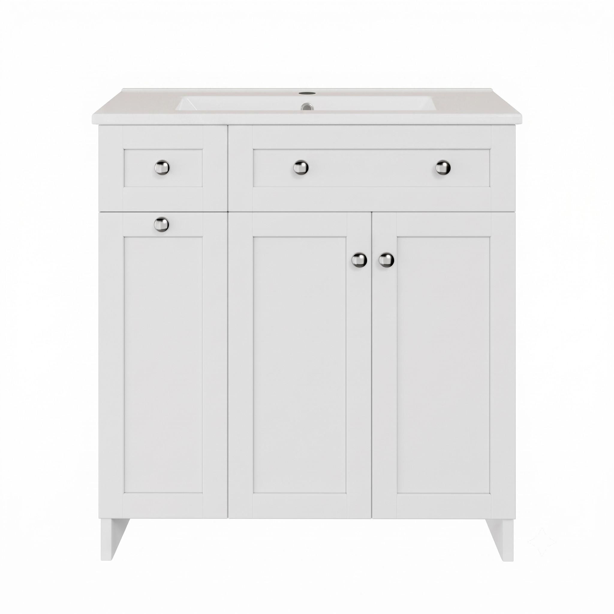 WASCHTISCH Freistehend Weiß mit Keramikbecken, 8-Fächer-Schublade - Weiß, Holzwerkstoff (76/86/47cm) - Urban Meuble