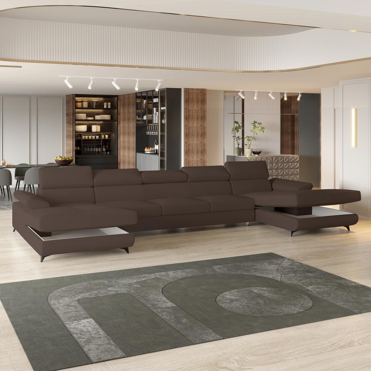 WOHNLANDSCHAFT VIVENTE Braun Boucle-Stoff mit Schlaffunktion - Braun, Holz (410/89/190cm) - MASSENO