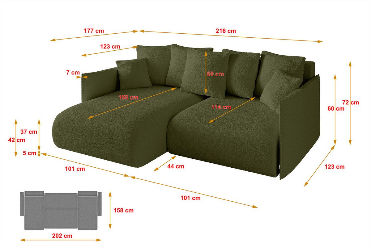 ECKSOFA Ottomane links ONESK-L 216x177x72 Grün Bouclé - Olivgrün/Grün, Holzwerkstoff/Kunststoff (216/177cm) - ALTDECOR