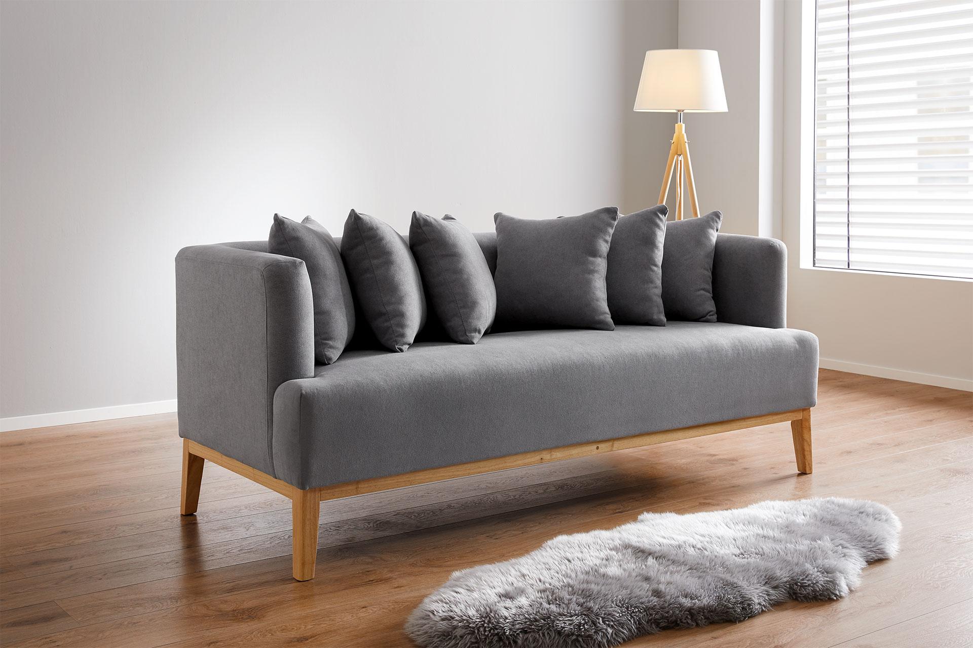 Zweisitzersofa Kissen und mit hellgrauem Stoffbezug von moemax.jpg