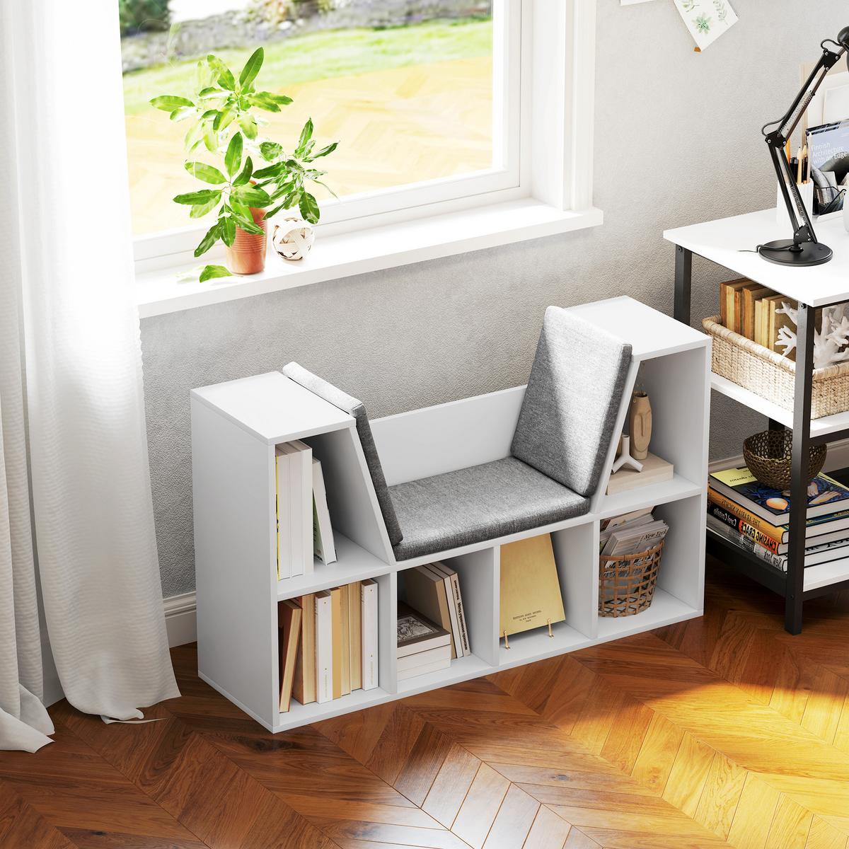 BÜCHERREGAL mit Sitzkissen, Aufbewahrungsregal mit 6 Fächern, Leinenoptik, Weiß - Weiß/Grau, Holzwerkstoff/Textil (105/63/30cm) - HOMCOM