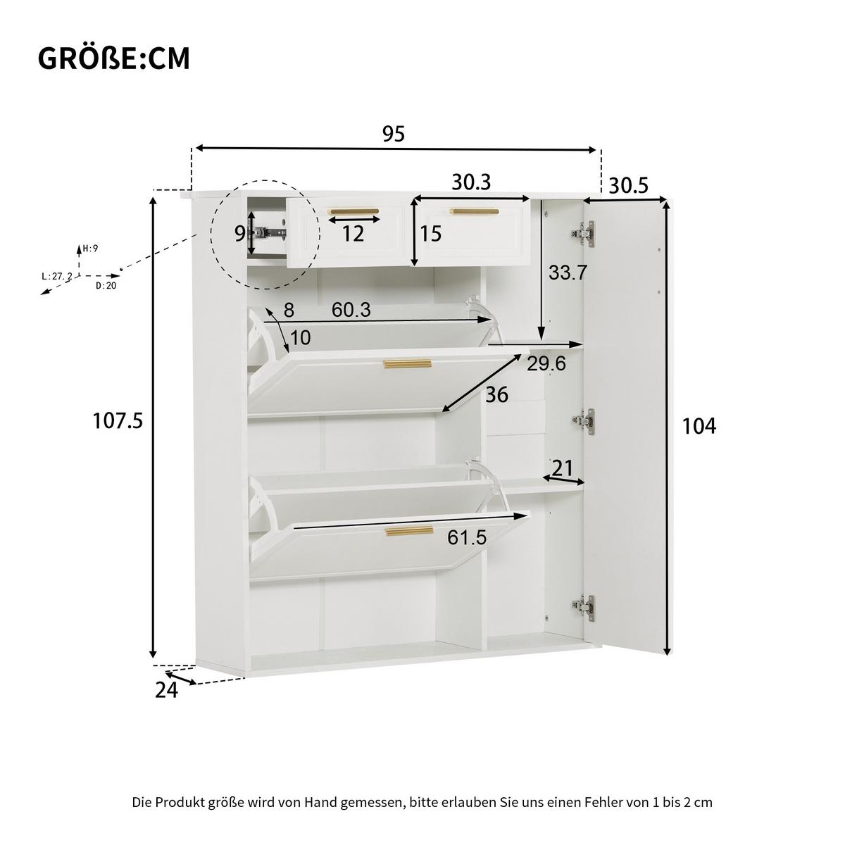 SCHUHSCHRANK mit verstellbaren Regalen und Schubladen, Weiß - Weiß, Holzwerkstoff (24/107/95cm) - Urban Meuble